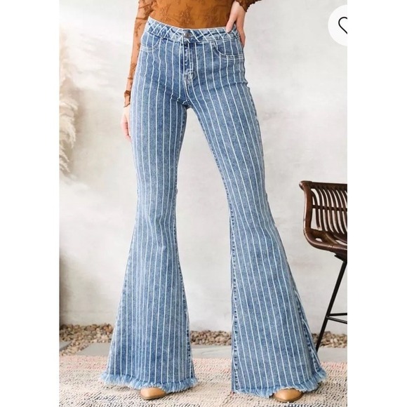 Cello Denim - Cello Flared Jeans Sz 1/2 Blue Striped Raw Hem High Rise Boho Hippie Retro 70s